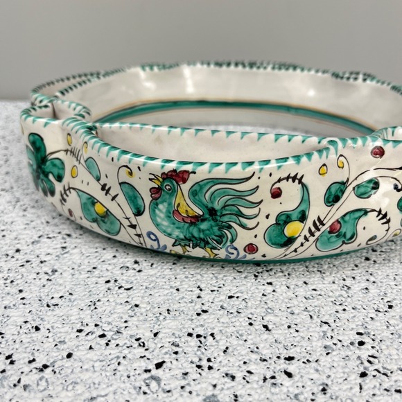 Vtg Italian Majolica Flower Ring Vase Centerpiece Hand Painted Rooster Floral - Picture 3 of 6